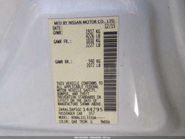 45316354 :رقم المزاد ، 1N4AL3AP5GC144795 vin ، 2016 Nissan Altima 2.5 Sv مزاد بيع