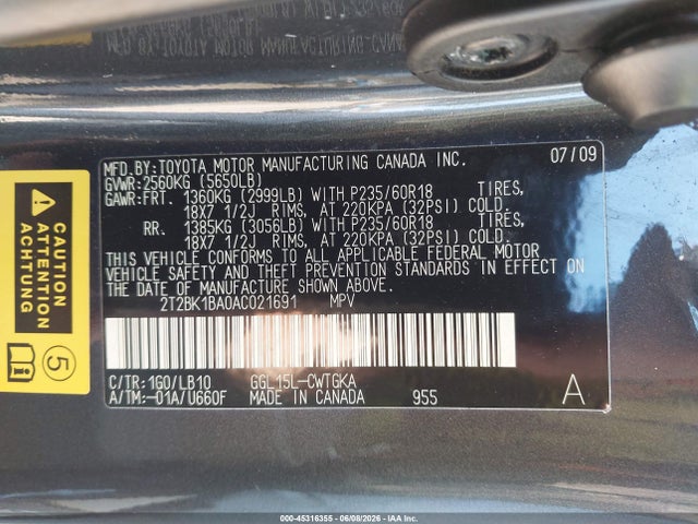 45316355 :رقم المزاد ، 2T2BK1BA0AC021691 vin ، 2010 Lexus Rx 350 مزاد بيع