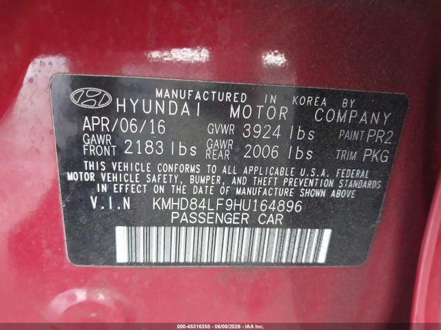 Продажа на аукционе авто 2017 Hyundai Elantra Se, vin: KMHD84LF9HU164896, номер лота: 45316358