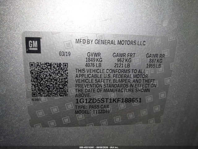 1G1ZD5ST1KF188651 Chevrolet MALIBU LT