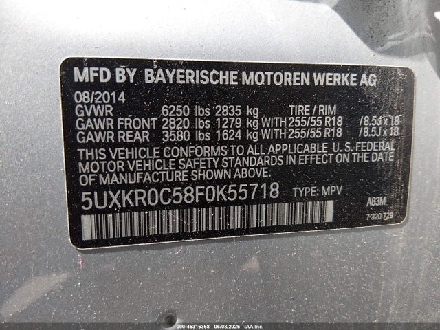 Aukcja sprzedaży 2015 Bmw X5 Xdrive35i, vin: 5UXKR0C58F0K55718, numer aukcji: 45316368