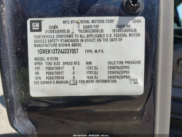 Aukcja sprzedaży 2004 Chevrolet Tahoe Lt, vin: 1GNEK13T24J237057, numer aukcji: 45316384