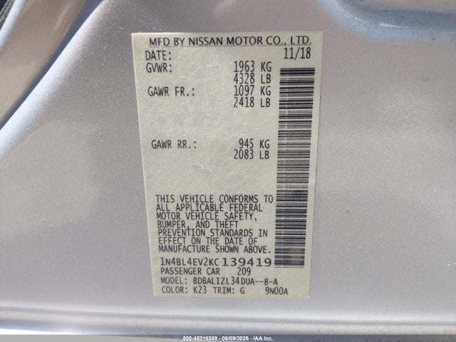 Продажа на аукционе авто 2019 Nissan Altima 2.5 Sl, vin: 1N4BL4EV2KC139419, номер лота: 45316389
