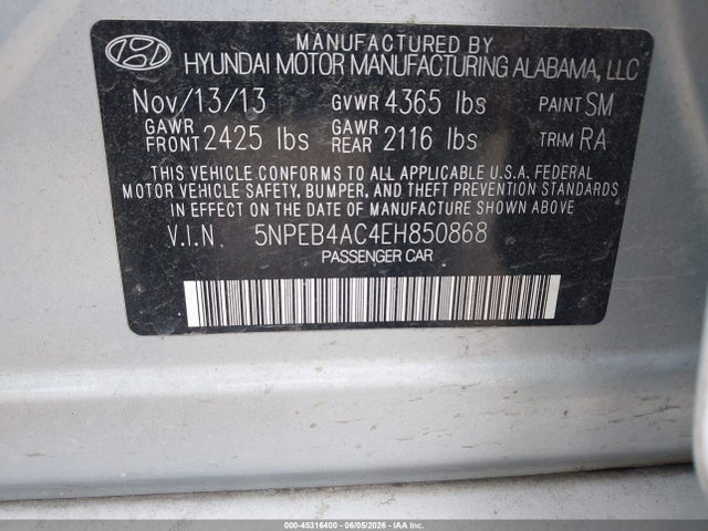 Aukcja sprzedaży 2014 Hyundai Sonata Gls, vin: 5NPEB4AC4EH850868, numer aukcji: 45316400