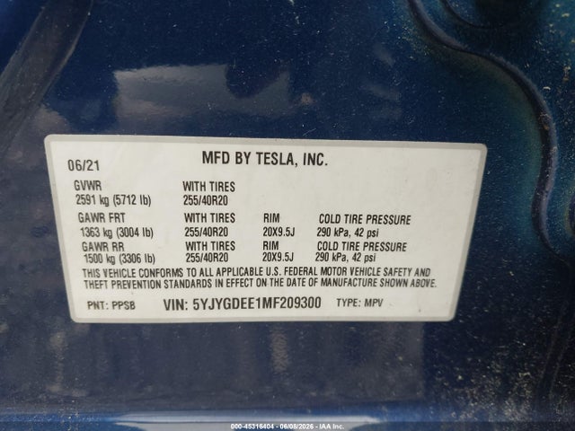 Продажа на аукционе авто 2021 Tesla Model Y Long Range Dual Motor All-wheel Drive, vin: 5YJYGDEE1MF209300, номер лота: 45316404