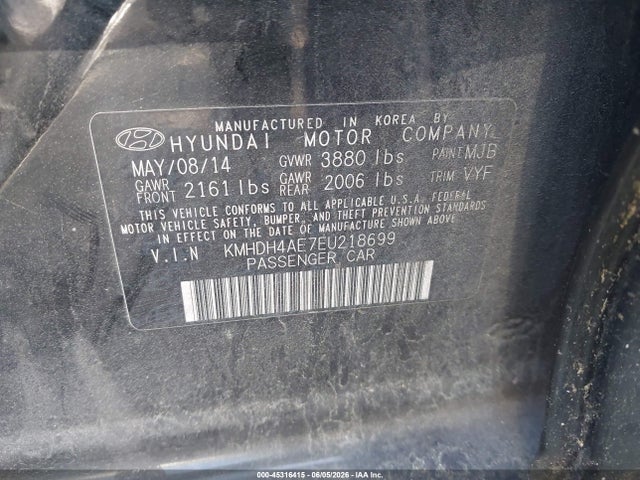 2014 Hyundai Elantra Se მანქანა იყიდება აუქციონზე, vin: KMHDH4AE7EU218699, აუქციონის ნომერი: 45316415