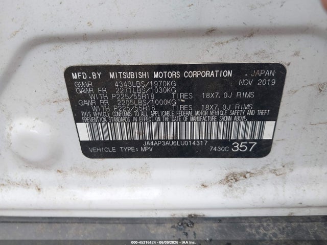 Aukcja sprzedaży 2020 Mitsubishi Outlander Sport 2.0 Es, vin: JA4AP3AU6LU014317, numer aukcji: 45316424