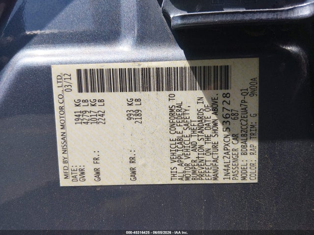 Продажа на аукционе авто 2012 Nissan Altima 2.5 S, vin: 1N4AL2APXCN536728, номер лота: 45316425