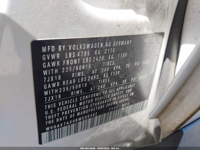 45316448 :رقم المزاد ، WVGAV7AX0BW505462 vin ، 2011 Volkswagen Tiguan Sel مزاد بيع