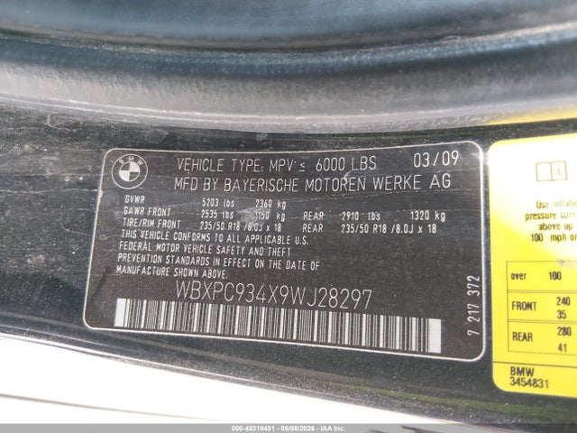 Aukcja sprzedaży 2009 Bmw X3 Xdrive30i, vin: WBXPC934X9WJ28297, numer aukcji: 45316451
