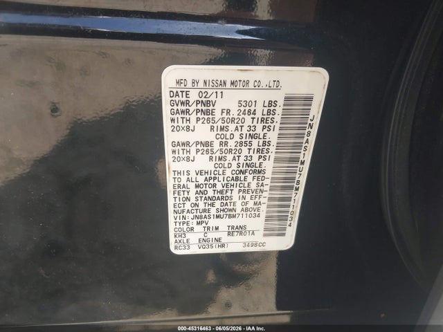 Aukcja sprzedaży 2011 Infiniti Fx35, vin: JN8AS1MU7BM711034, numer aukcji: 45316463