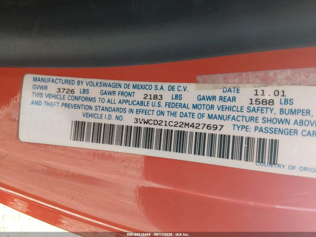 45316469 :رقم المزاد ، 3VWCD21C22M427697 vin ، 2002 Volkswagen New Beetle Gls 1.8l Turbo مزاد بيع
