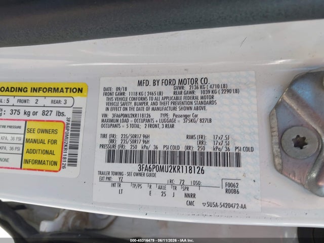 45316479 :رقم المزاد ، 3FA6P0MU2KR118126 vin ، 2019 Ford Fusion Hybrid Sel مزاد بيع