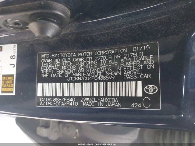 JTDKN3DU4F0438599 Toyota Prius Three