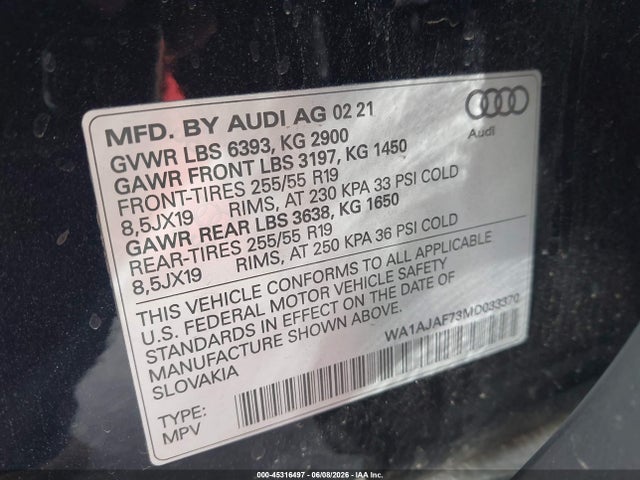 Продажа на аукционе авто 2021 Audi Q7 Premium 45 Tfsi Quattro Tiptronic, vin: WA1AJAF73MD033370, номер лота: 45316497