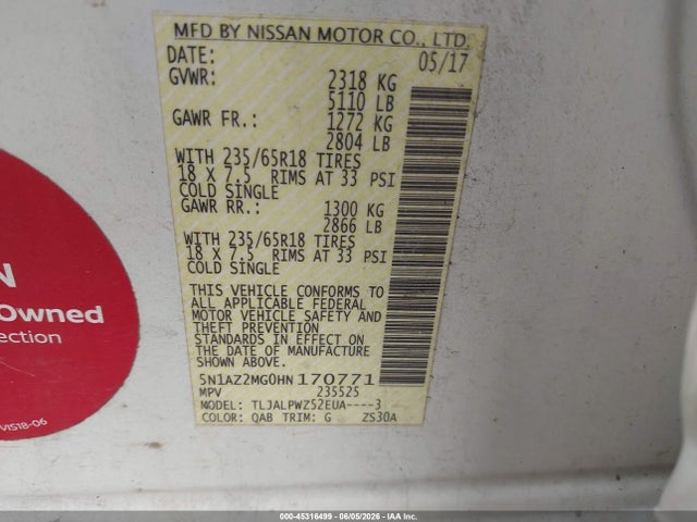 5N1AZ2MG0HN170771 Nissan MURANO S