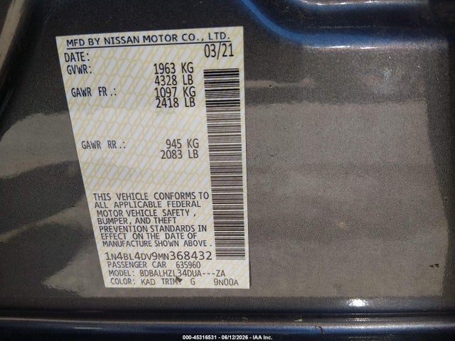 Продажа на аукционе авто 2021 Nissan Altima Sv Fwd, vin: 1N4BL4DV9MN368432, номер лота: 45316531