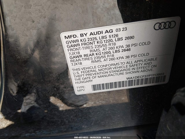 45316533 :رقم المزاد ، WA1DECF37P1113903 vin ، 2023 Audi Q3 Premium 45 Tfsi S Line Quattro Tiptronic مزاد بيع