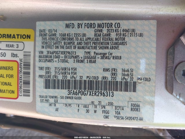 Auction sale of the 2014 Ford Fusion S, vin: 3FA6P0G7XER296313, lot number: 45316534