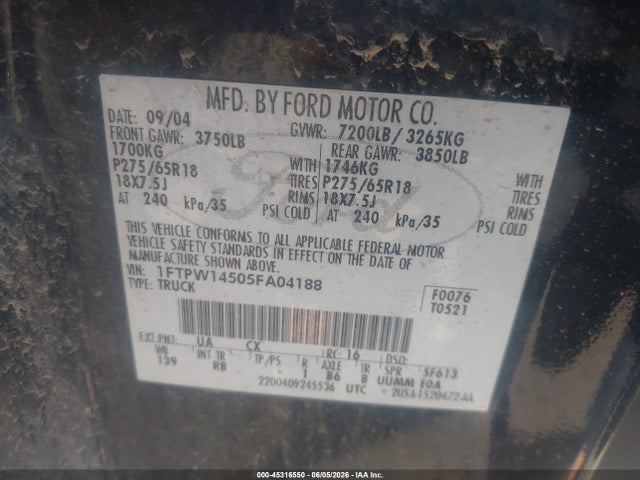 Aukcja sprzedaży 2005 Ford F-150 Fx4/lariat/xlt, vin: 1FTPW14505FA04188, numer aukcji: 45316550