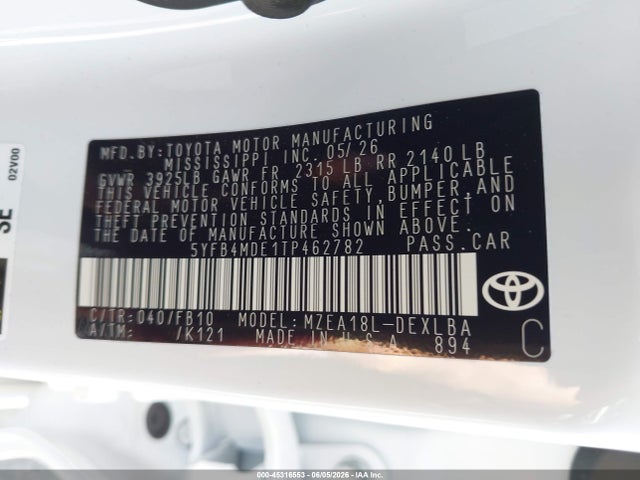 5YFB4MDE1TP462782 Toyota COROLLA LE