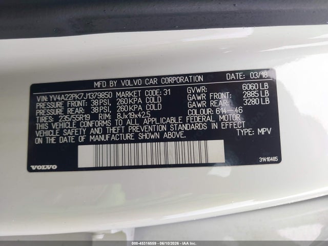 45316559 :رقم المزاد ، YV4A22PK7J1379850 vin ، 2018 Volvo Xc90 T6 Momentum مزاد بيع