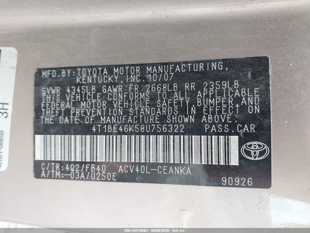 Продажа на аукционе авто 2008 Toyota Camry Le, vin: 4T1BE46K58U756322, номер лота: 45316563