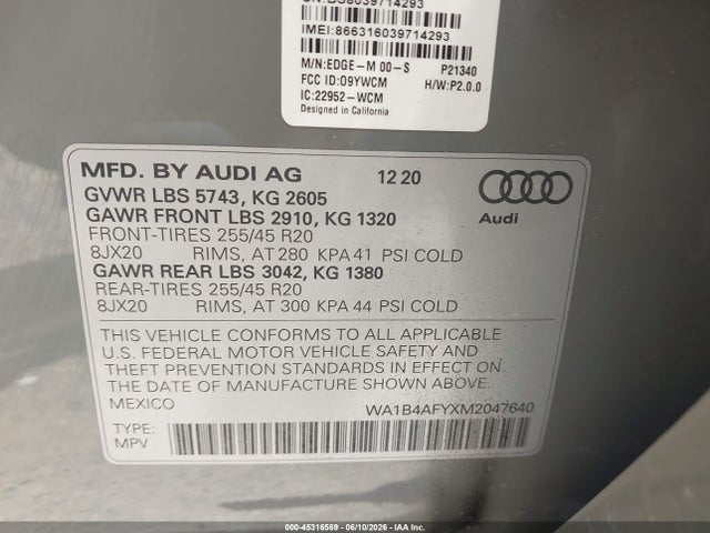 Aukcja sprzedaży 2021 Audi Sq5 Premium Plus Tfsi Quattro Tiptronic, vin: WA1B4AFYXM2047640, numer aukcji: 45316569