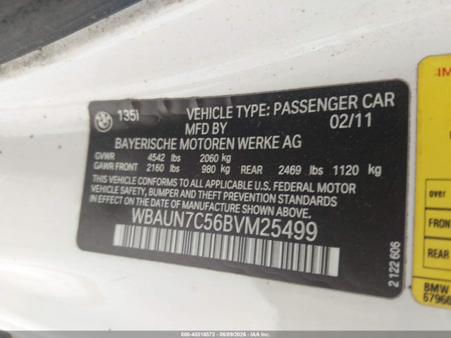 2011 Bmw 135i მანქანა იყიდება აუქციონზე, vin: WBAUN7C56BVM25499, აუქციონის ნომერი: 45316572