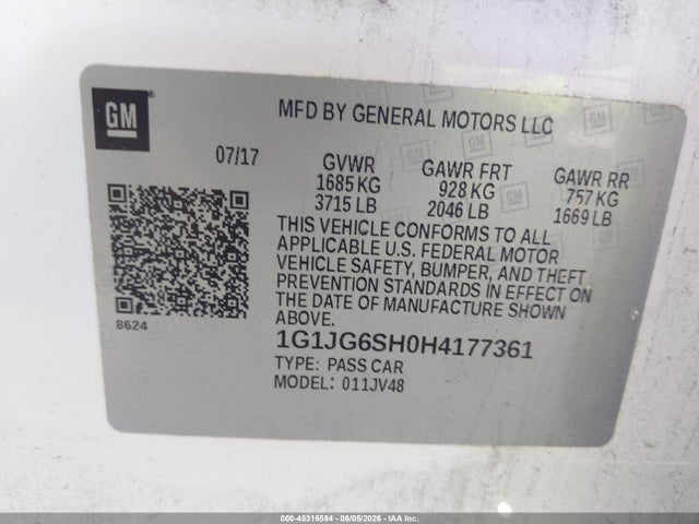 Auction sale of the 2017 Chevrolet Sonic Lt Auto, vin: 1G1JG6SH0H4177361, lot number: 45316594