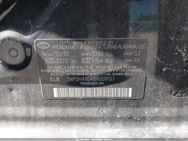 45316601 :رقم المزاد ، 5NPDH4AE4BH009107 vin ، 2011 Hyundai Elantra Gls مزاد بيع