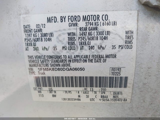 Продажа на аукционе авто 2013 Ford Explorer Xlt, vin: 1FM5K8D80DGA06050, номер лота: 45316617