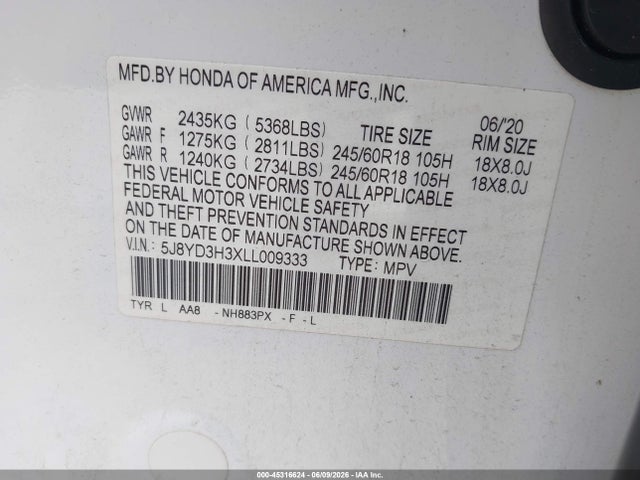 Aukcja sprzedaży 2020 Acura Mdx Standard, vin: 5J8YD3H3XLL009333, numer aukcji: 45316624