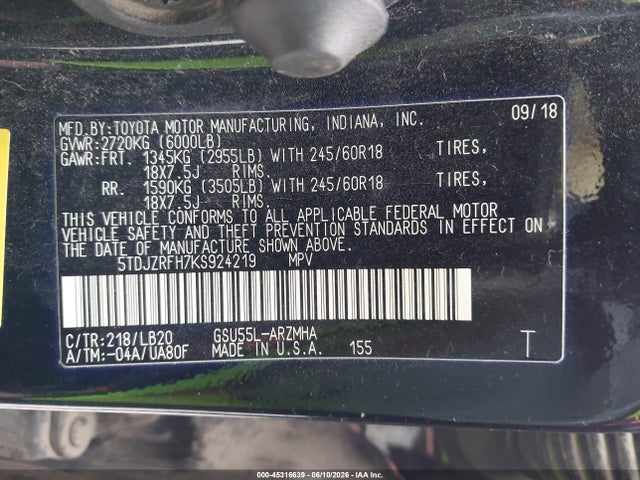 5TDJZRFH7KS924219 Toyota Highlander Xle