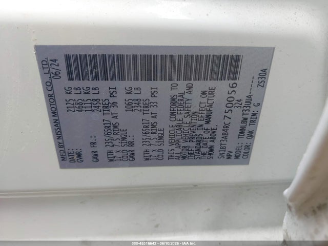 Aukcja sprzedaży 2024 Nissan Rogue S Intelligent Awd, vin: 5N1BT3AB4RC750056, numer aukcji: 45316642