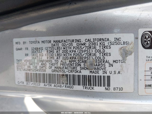 45316651 :رقم المزاد ، 5TETU62N25Z049558 vin ، 2005 Toyota Tacoma Prerunner V6 مزاد بيع