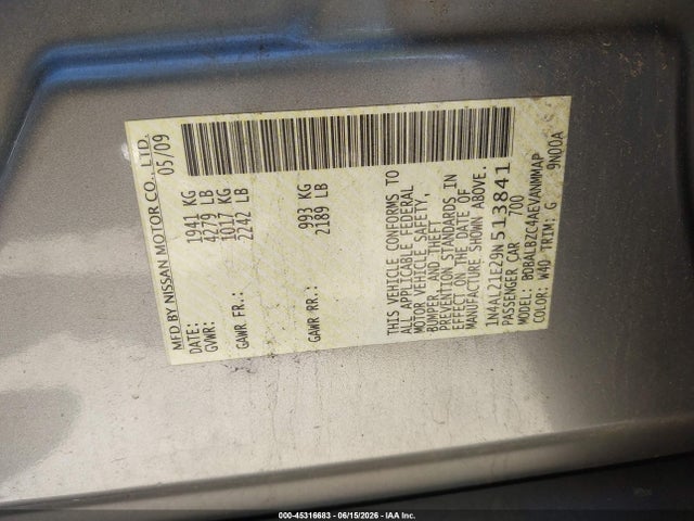 Aukcja sprzedaży 2009 Nissan Altima 2.5 S, vin: 1N4AL21E29N513841, numer aukcji: 45316683