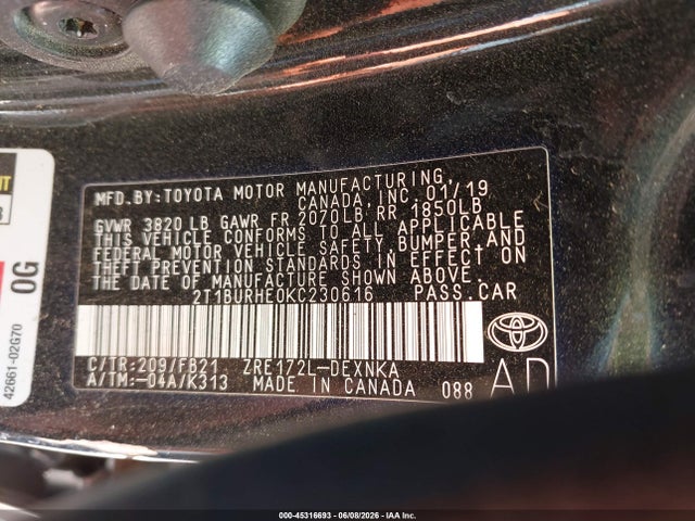 Aukcja sprzedaży 2019 Toyota Corolla Le, vin: 2T1BURHE0KC230616, numer aukcji: 45316693
