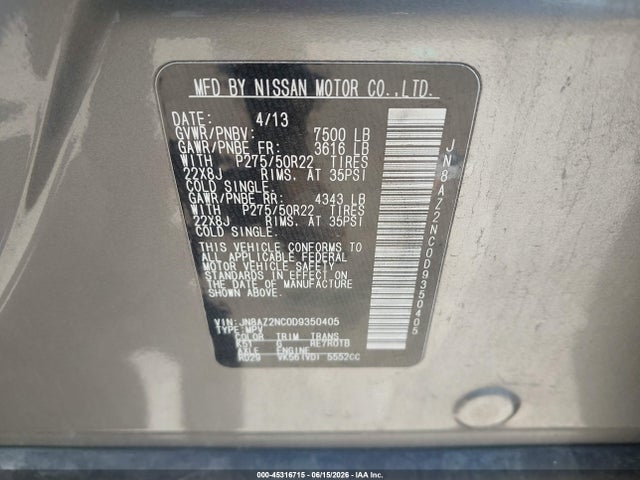 45316715 :رقم المزاد ، JN8AZ2NC0D9350405 vin ، 2013 Infiniti Qx56 مزاد بيع