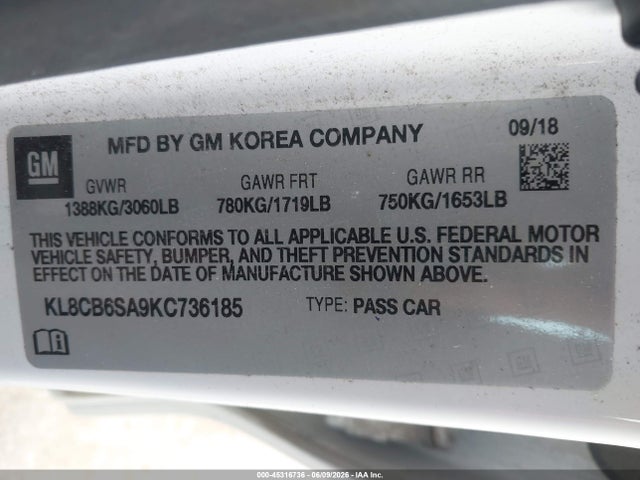 2019 Chevrolet Spark Ls Cvt მანქანა იყიდება აუქციონზე, vin: KL8CB6SA9KC736185, აუქციონის ნომერი: 45316736