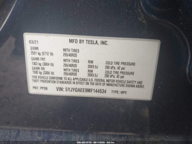 45316738 :رقم المزاد ، 5YJYGAEE9MF144534 vin ، 2021 Tesla Model Y Long Range Dual Motor All-wheel Drive مزاد بيع