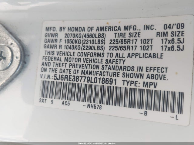 2009 Honda Cr-v Ex-l მანქანა იყიდება აუქციონზე, vin: 5J6RE38779L018691, აუქციონის ნომერი: 45316742