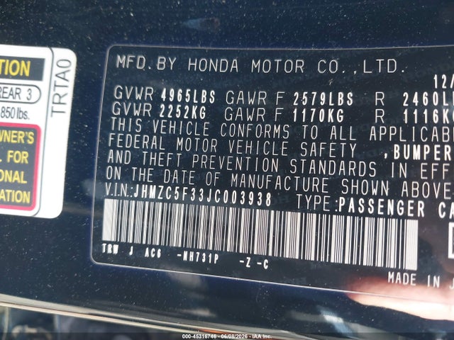 Продажа на аукционе авто 2018 Honda Clarity Plug-in Hybrid Touring, vin: JHMZC5F33JC003938, номер лота: 45316746