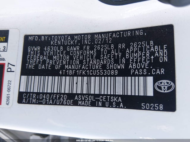 Aukcja sprzedaży 2012 Toyota Camry Se, vin: 4T1BF1FK1CU553089, numer aukcji: 45316749