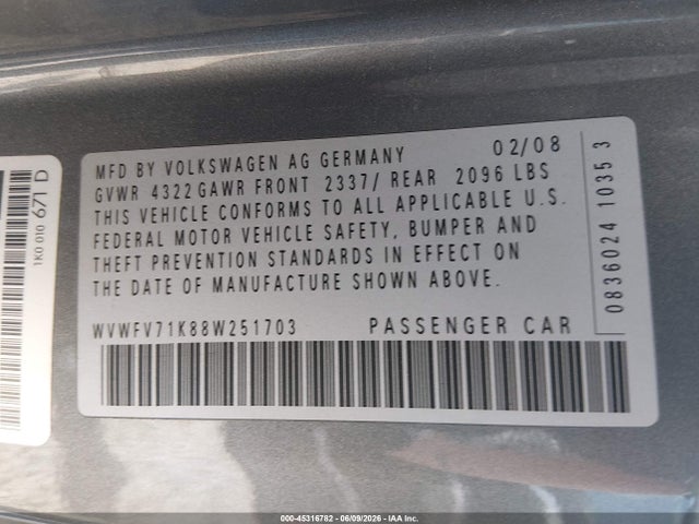 Aukcja sprzedaży 2008 Volkswagen Gti 2-door, vin: WVWFV71K88W251703, numer aukcji: 45316782