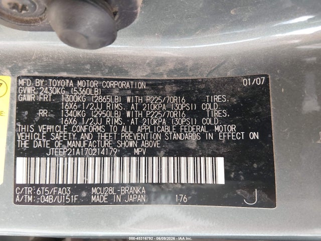 Aukcja sprzedaży 2007 Toyota Highlander 3rd Row, vin: JTEEP21A170214179, numer aukcji: 45316792