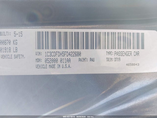 2015 Dodge Dart Aero მანქანა იყიდება აუქციონზე, vin: 1C3CDFDH5FD422680, აუქციონის ნომერი: 45316816