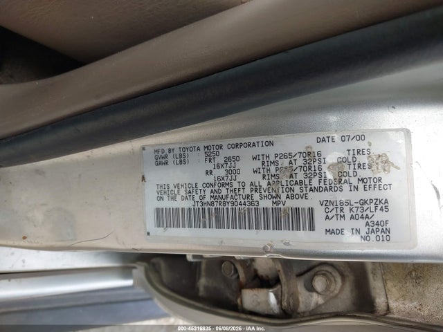 Aukcja sprzedaży 2000 Toyota 4runner Limited V6, vin: JT3HN87R8Y9044363, numer aukcji: 45316835