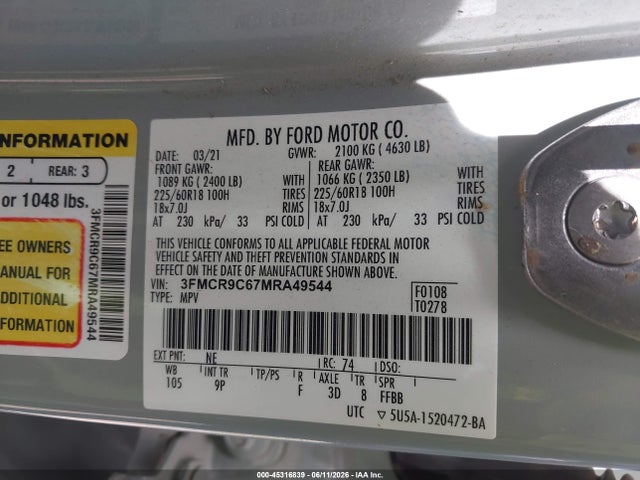 45316839 :رقم المزاد ، 3FMCR9C67MRA49544 vin ، 2021 Ford Bronco Sport Outer Banks مزاد بيع