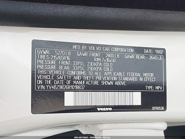 45316843 :رقم المزاد ، YV4BZ982681018837 vin ، 2008 Volvo Xc70 3.2 مزاد بيع